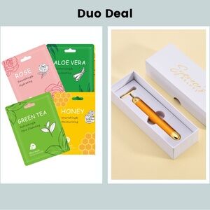 Gold Energy Vibrating Beauty Facial T-Bar Massage Roller and 12 Sheet Masks